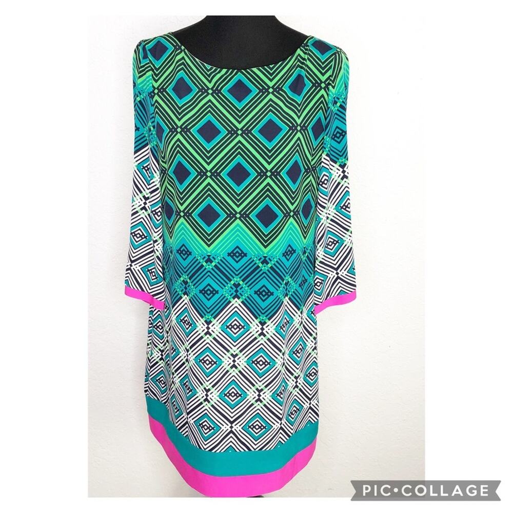 Eliza J green white pink geometric shift dress